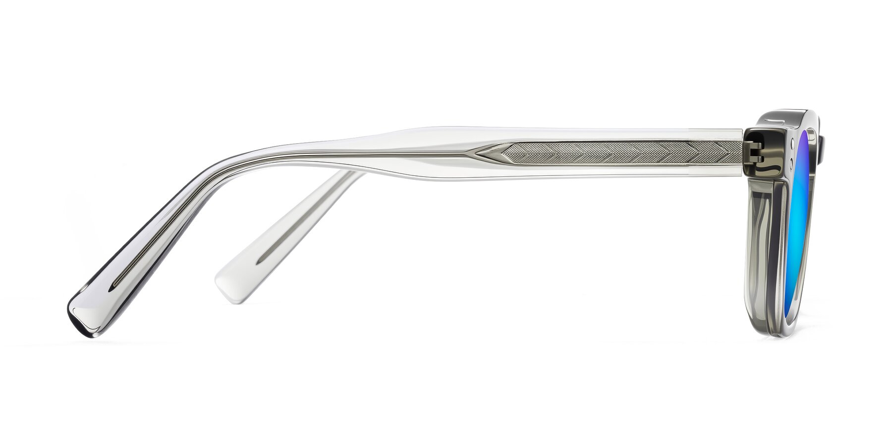 Side of Muzik in Light Gray to Charcoal Shift with Blue Mirrored Lenses