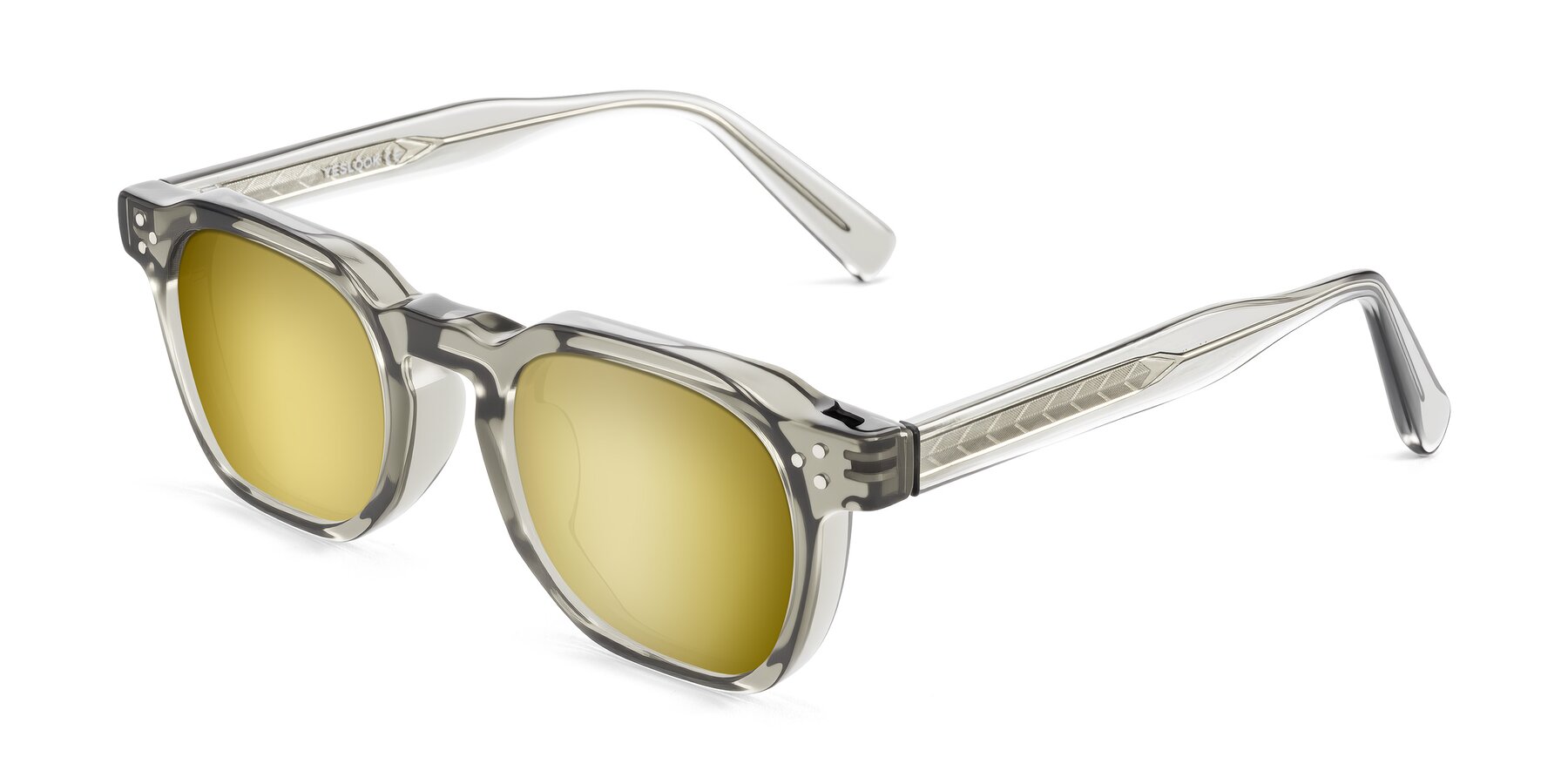 Angle of Muzik in Light Gray to Charcoal Shift with Gold Mirrored Lenses