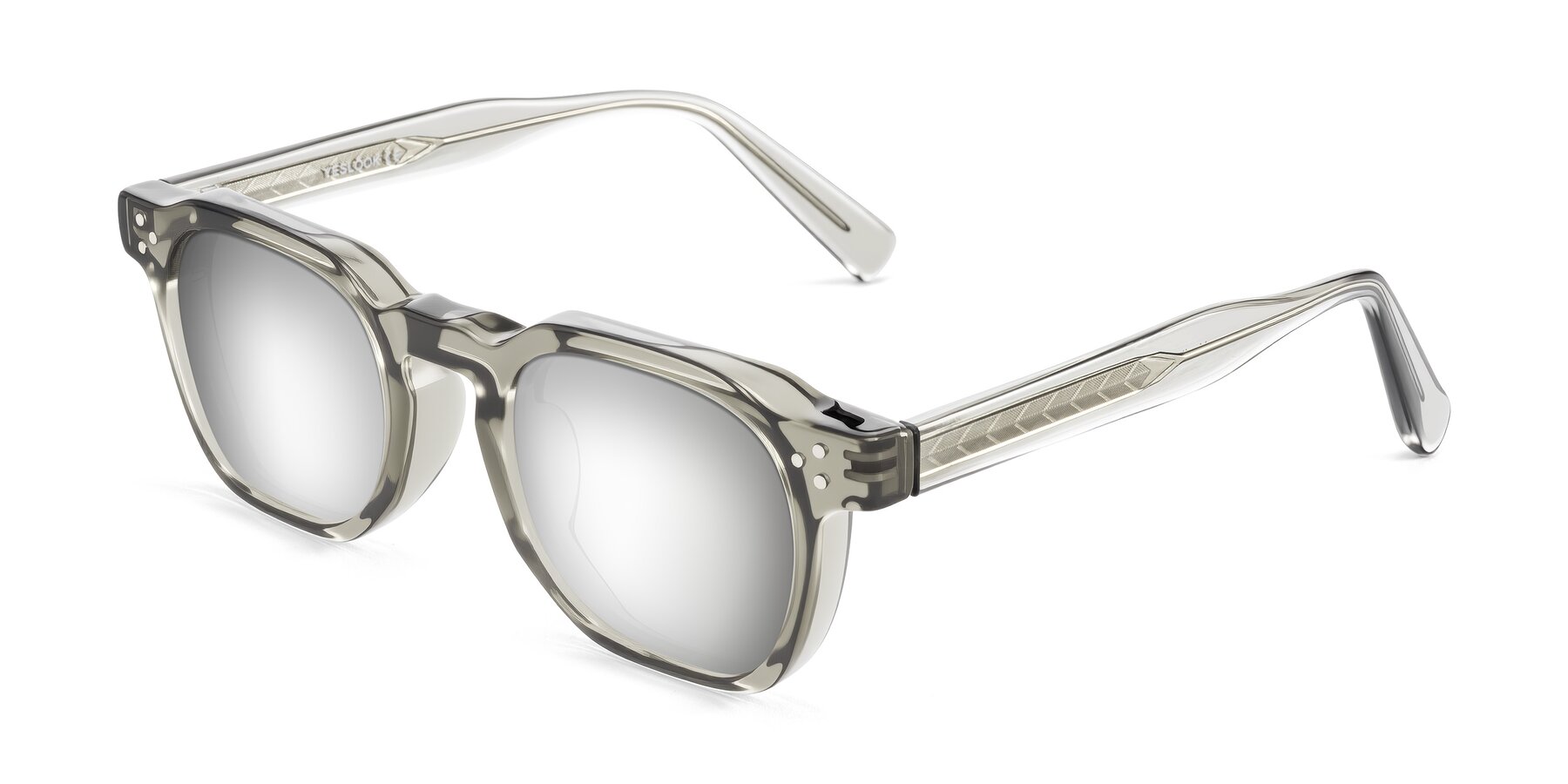 Angle of Muzik in Light Gray to Charcoal Shift with Silver Mirrored Lenses
