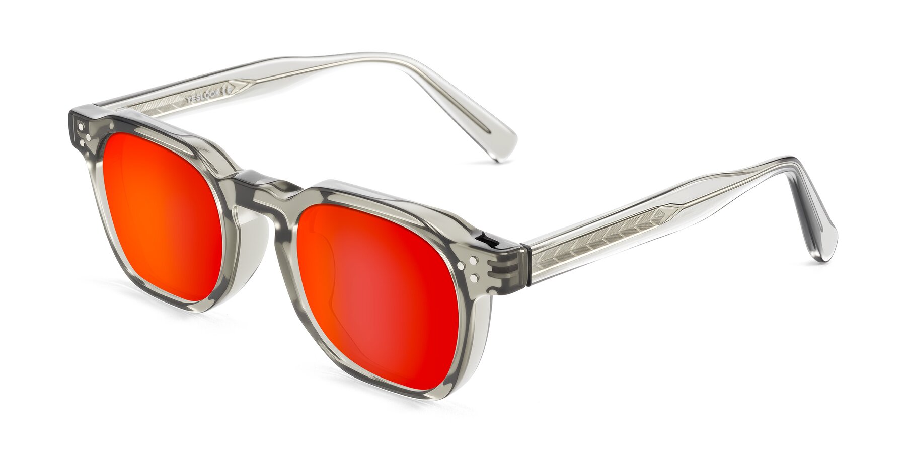 Angle of Muzik in Light Gray to Charcoal Shift with Red Gold Mirrored Lenses