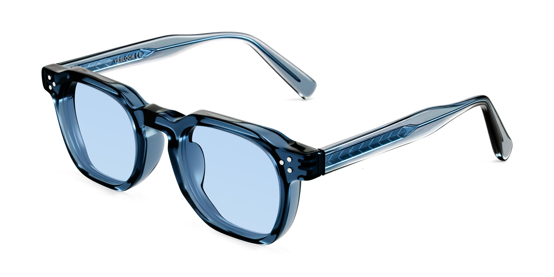 Angle of Muzik in Light Gray to Charcoal Shift with Light Blue Tinted Lenses
