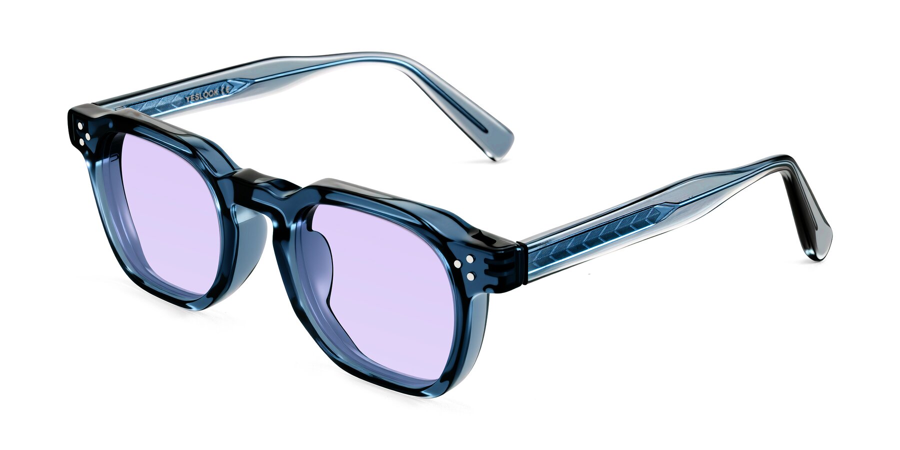 Angle of Muzik in Light Gray to Charcoal Shift with Light Purple Tinted Lenses