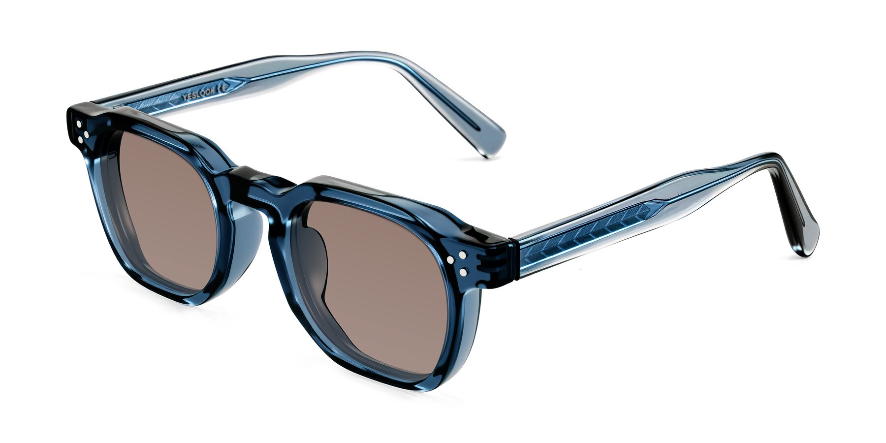 Angle of Muzik in Light Gray to Charcoal Shift with Medium Brown Tinted Lenses