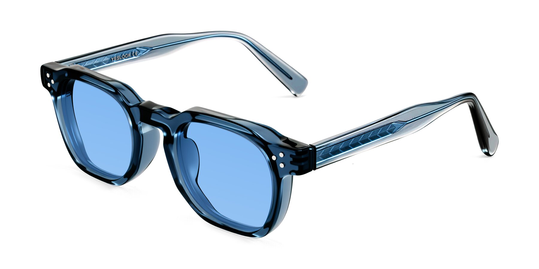 Angle of Muzik in Light Gray to Charcoal Shift with Medium Blue Tinted Lenses