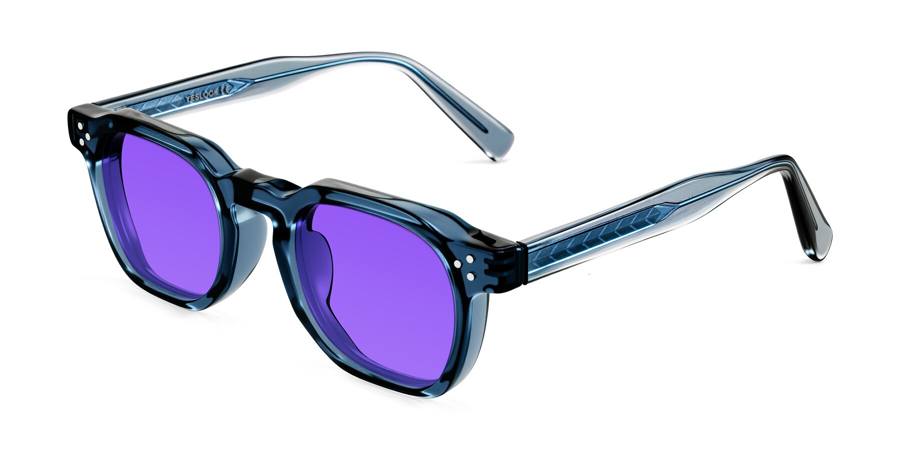 Angle of Muzik in Light Gray to Charcoal Shift with Purple Tinted Lenses