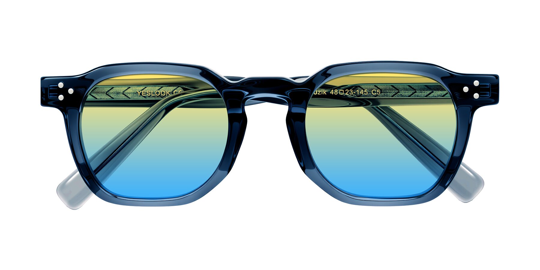 Folded Front of Muzik in Light Gray to Charcoal Shift with Yellow / Blue Gradient Lenses