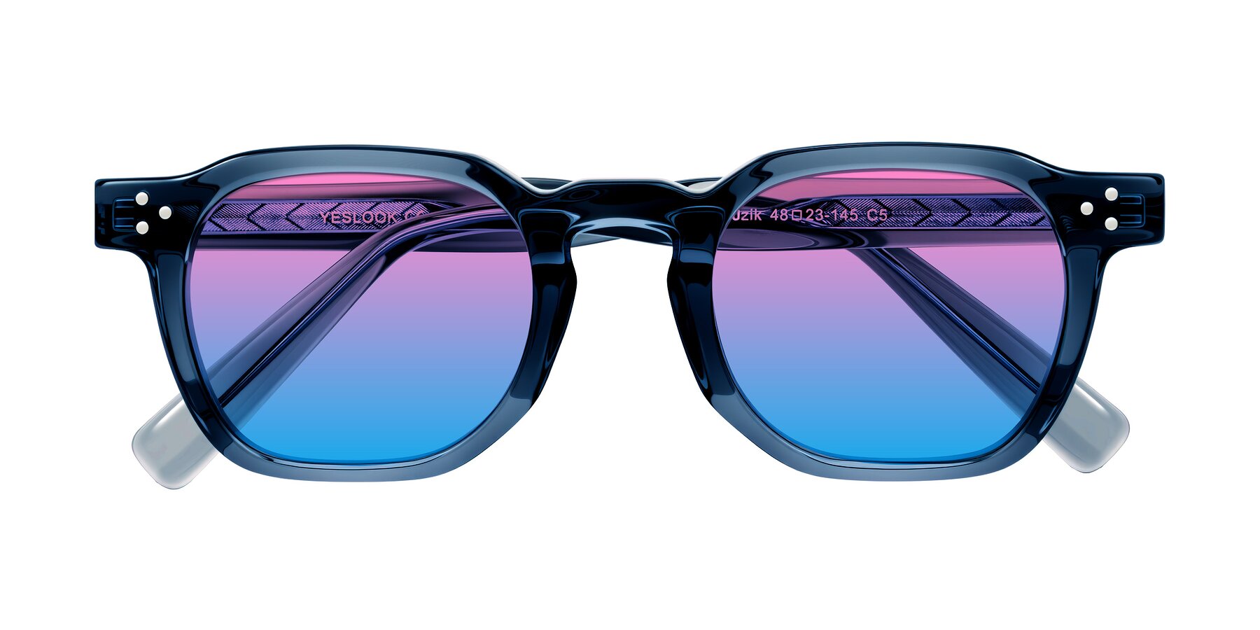 Folded Front of Muzik in Light Gray to Charcoal Shift with Pink / Blue Gradient Lenses
