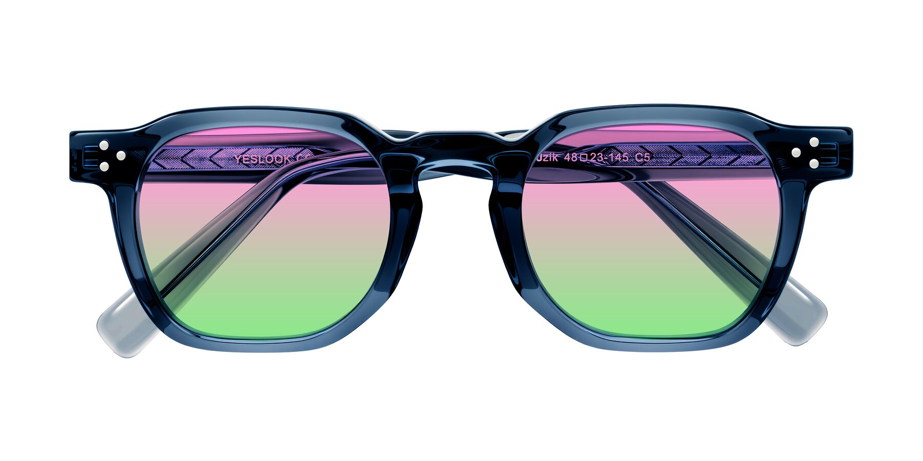 Folded Front of Muzik in Light Gray to Charcoal Shift with Pink / Green Gradient Lenses