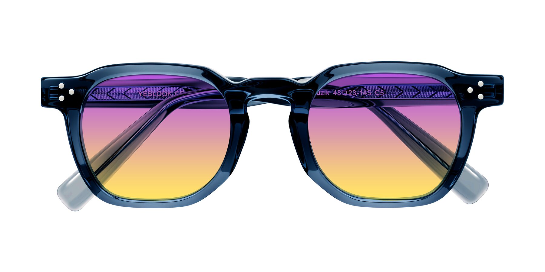Folded Front of Muzik in Light Gray to Charcoal Shift with Purple / Yellow Gradient Lenses