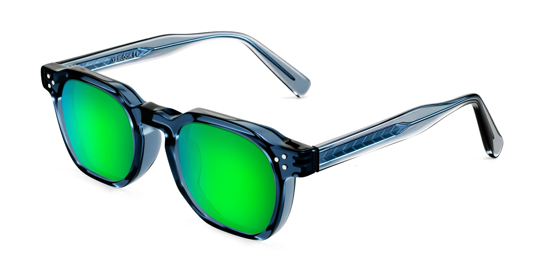 Angle of Muzik in Light Gray to Charcoal Shift with Green Mirrored Lenses