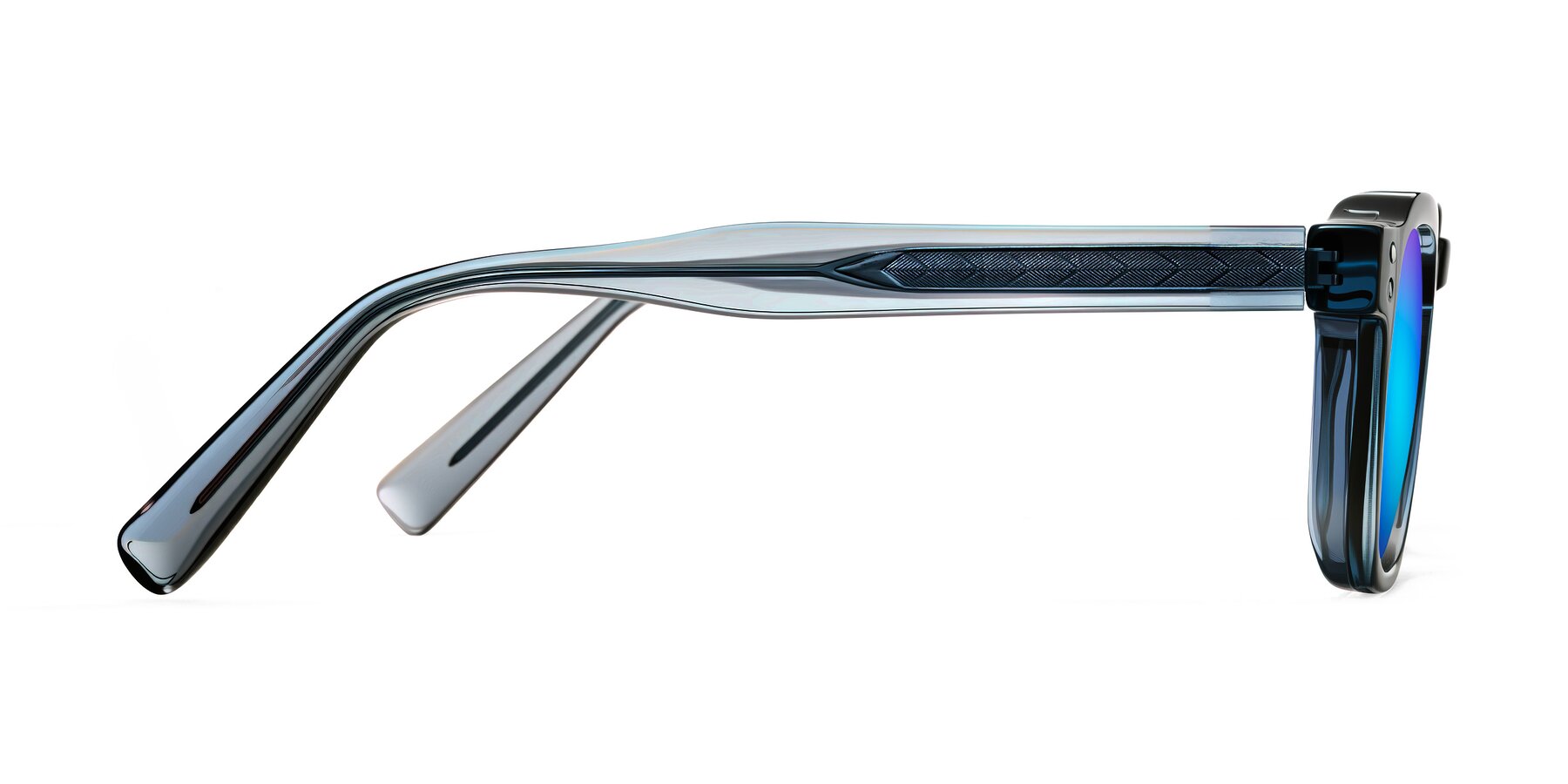 Side of Muzik in Light Gray to Charcoal Shift with Blue Mirrored Lenses