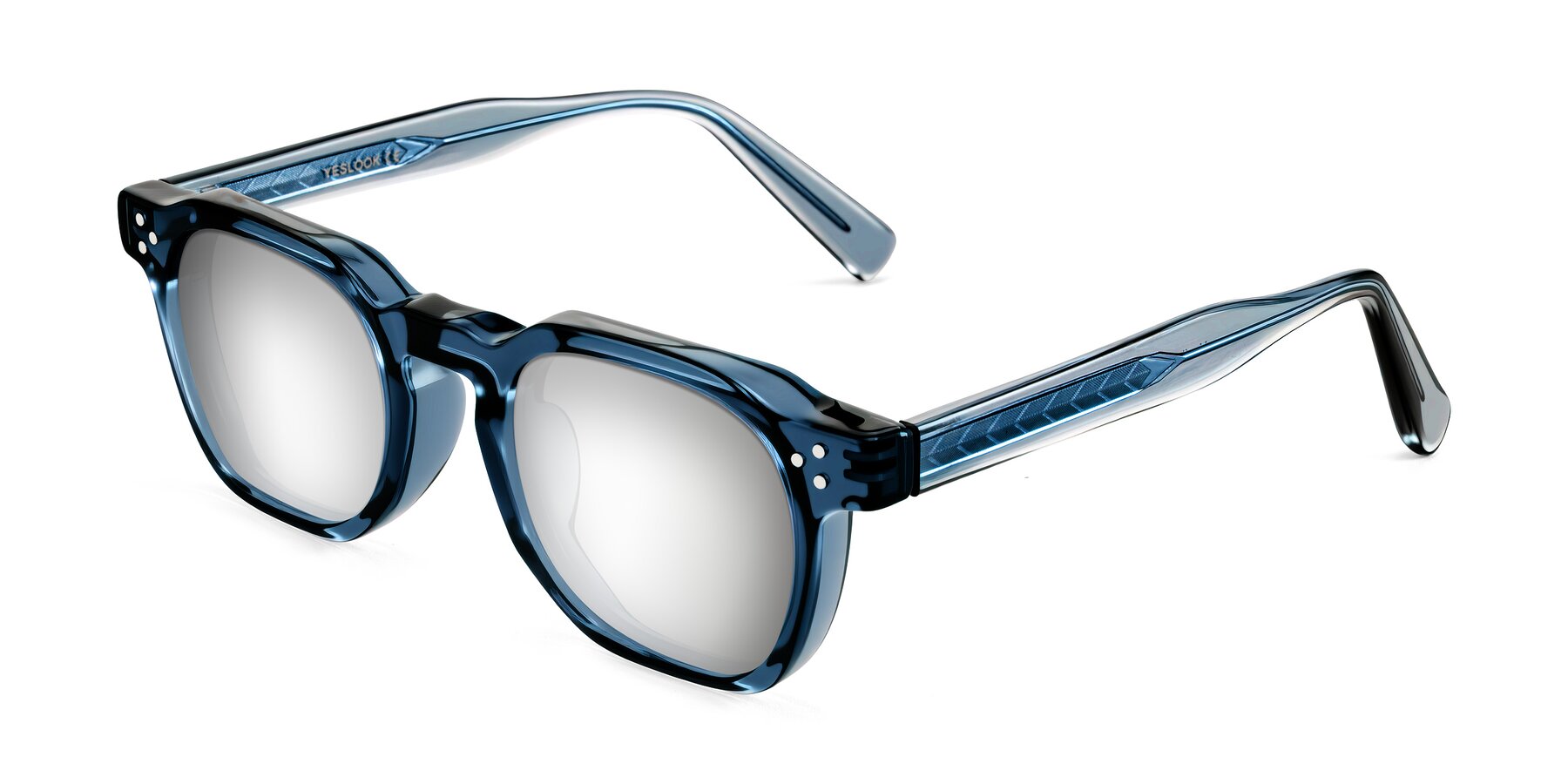 Angle of Muzik in Light Gray to Charcoal Shift with Silver Mirrored Lenses