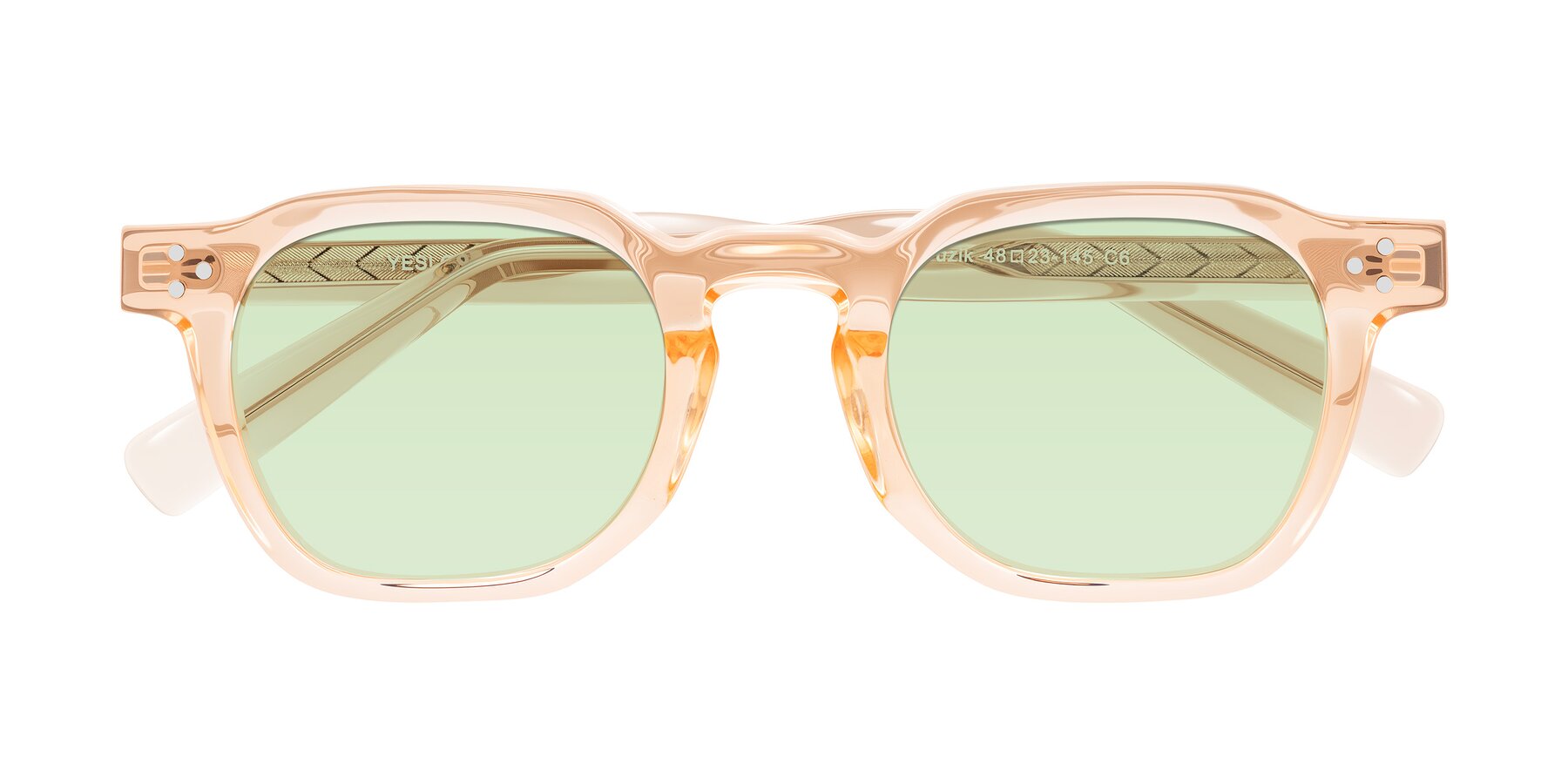 Folded Front of Muzik in Coral to Vermilion Shift with Light Green Tinted Lenses