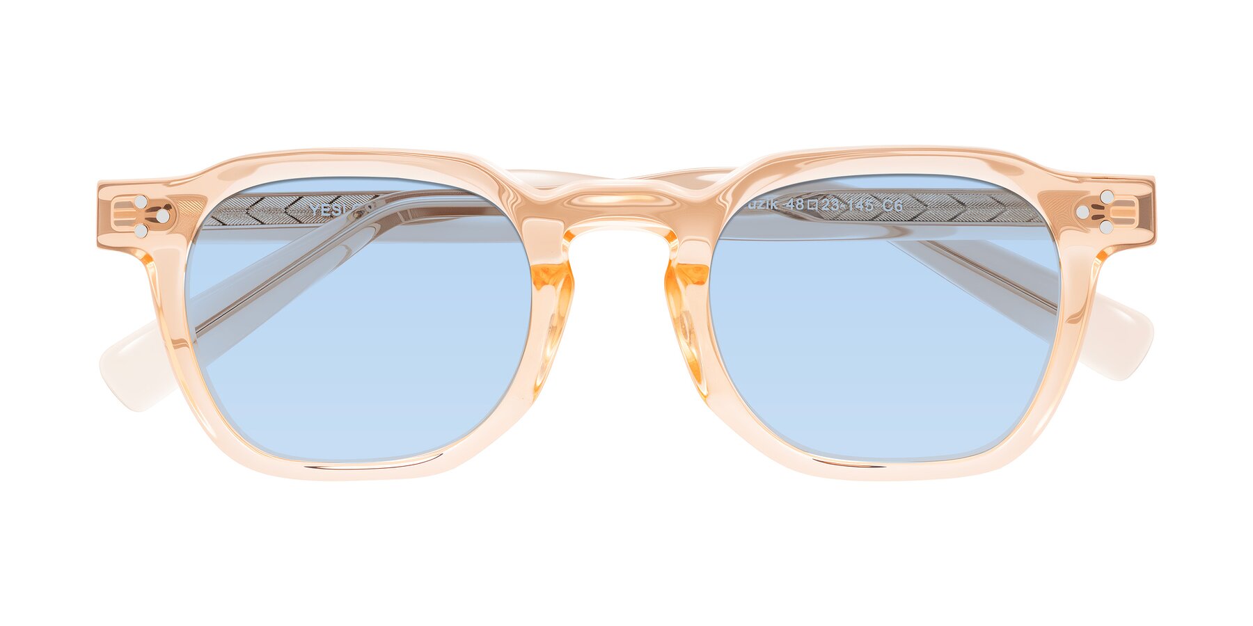 Folded Front of Muzik in Coral to Vermilion Shift with Light Blue Tinted Lenses