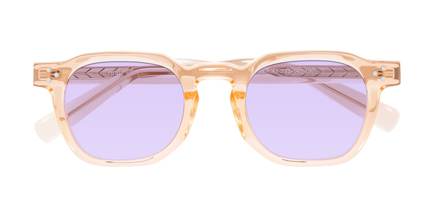 Folded Front of Muzik in Coral to Vermilion Shift with Light Purple Tinted Lenses