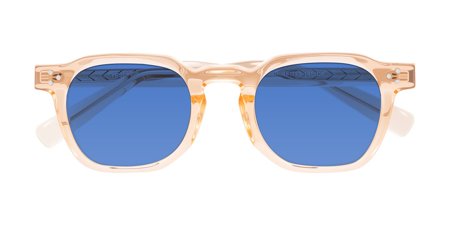 Folded Front of Muzik in Coral to Vermilion Shift with Blue Tinted Lenses