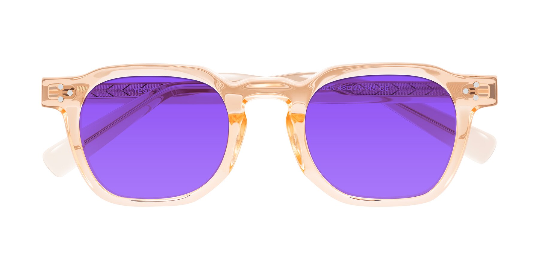 Folded Front of Muzik in Coral to Vermilion Shift with Purple Tinted Lenses