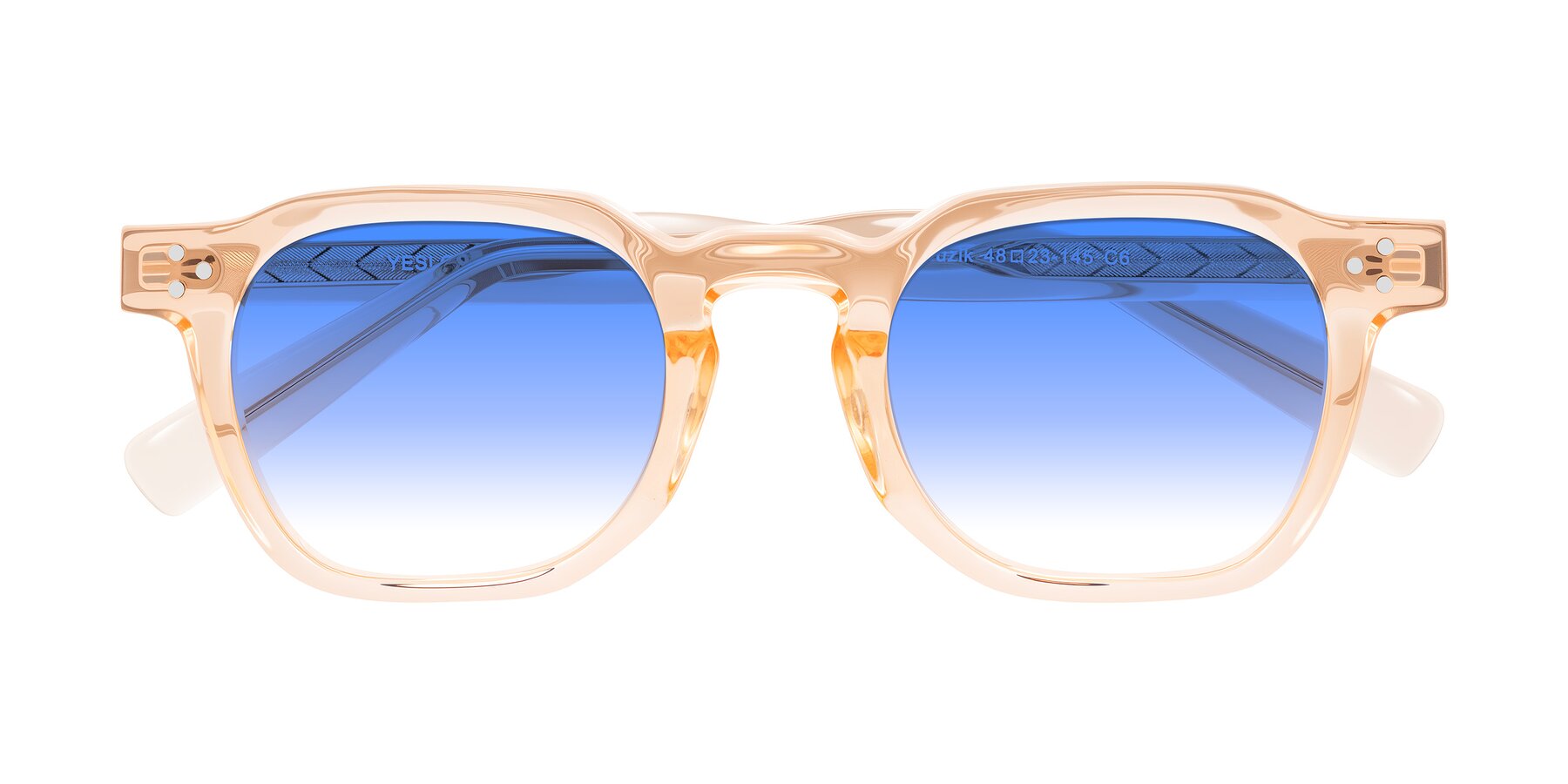 Folded Front of Muzik in Coral to Vermilion Shift with Blue Gradient Lenses