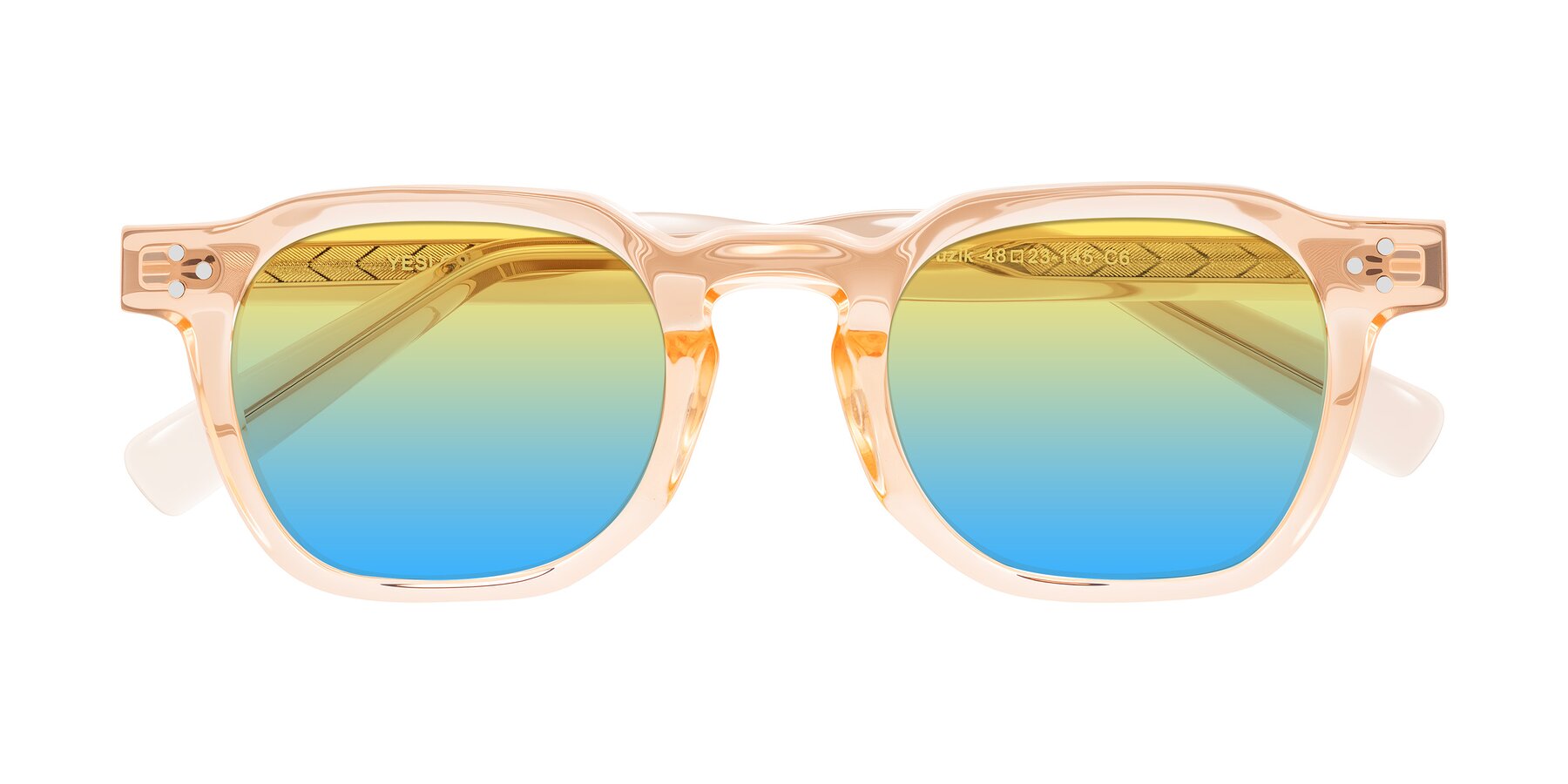 Folded Front of Muzik in Coral to Vermilion Shift with Yellow / Blue Gradient Lenses