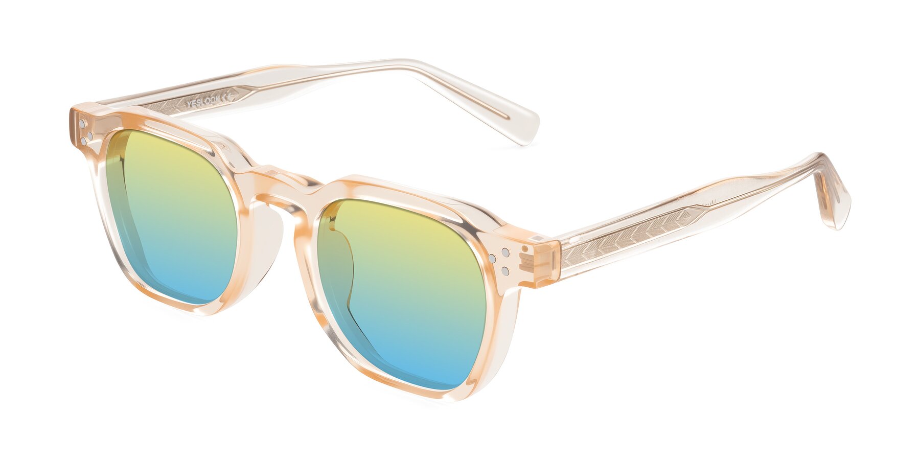 Angle of Muzik in Coral to Vermilion Shift with Yellow / Blue Gradient Lenses