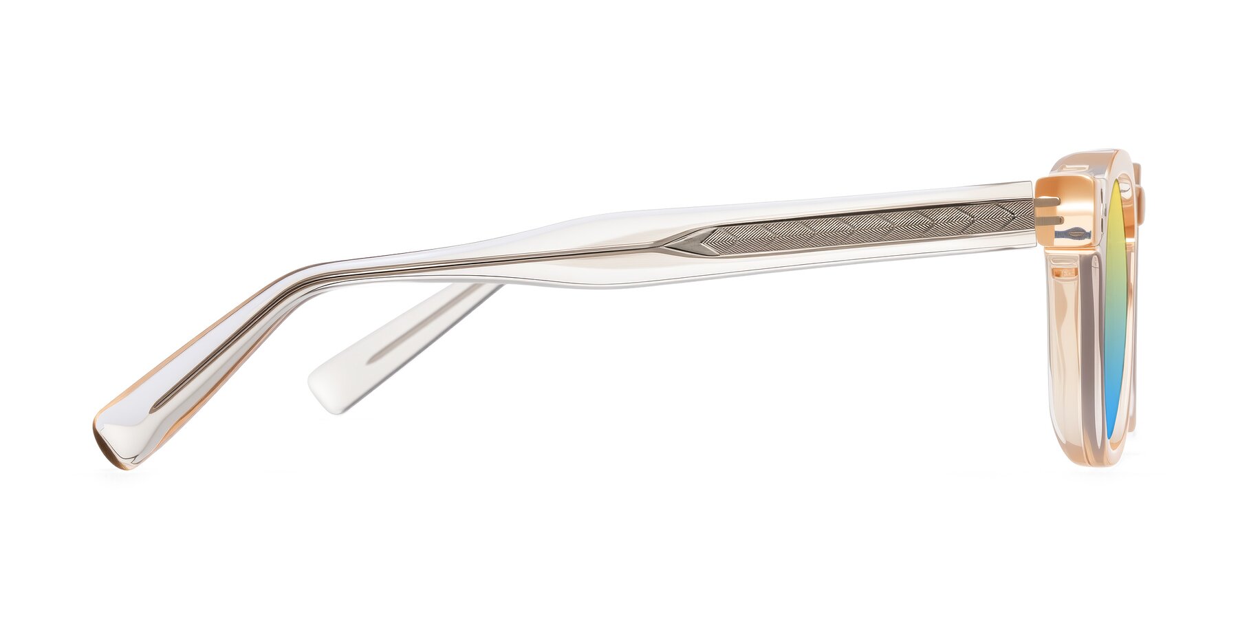 Side of Muzik in Coral to Vermilion Shift with Yellow / Blue Gradient Lenses