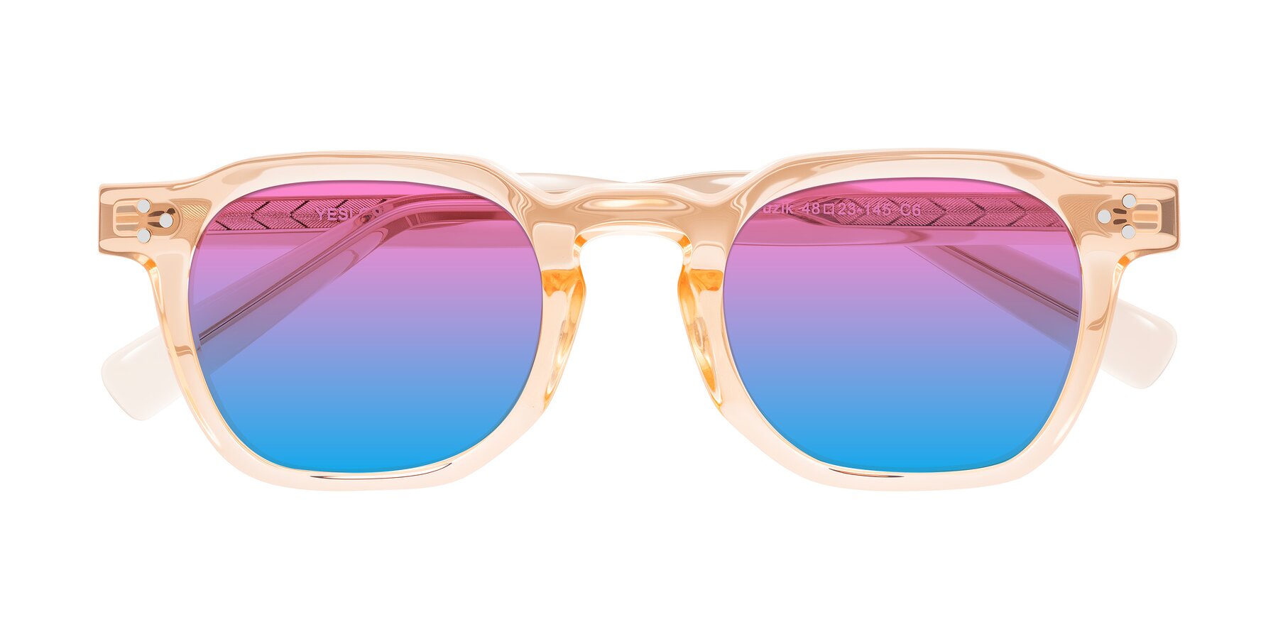 Folded Front of Muzik in Coral to Vermilion Shift with Pink / Blue Gradient Lenses