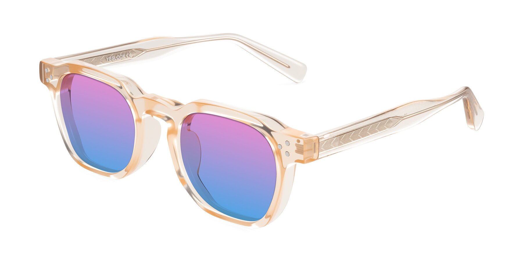 Angle of Muzik in Coral to Vermilion Shift with Pink / Blue Gradient Lenses