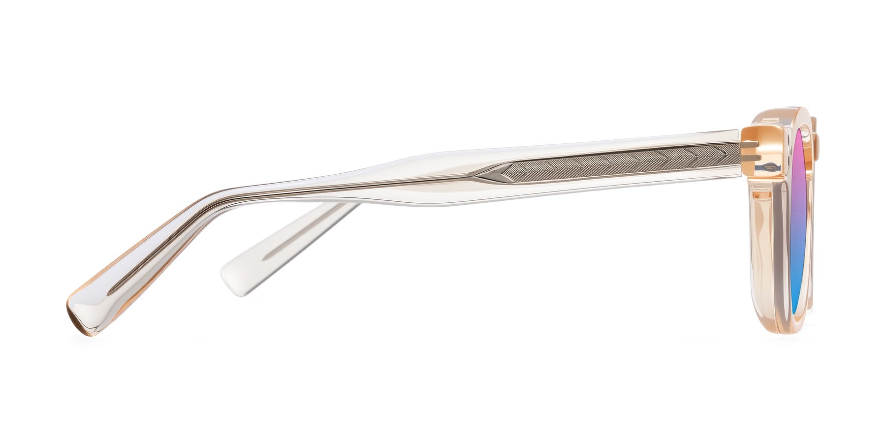 Side of Muzik in Coral to Vermilion Shift with Pink / Blue Gradient Lenses