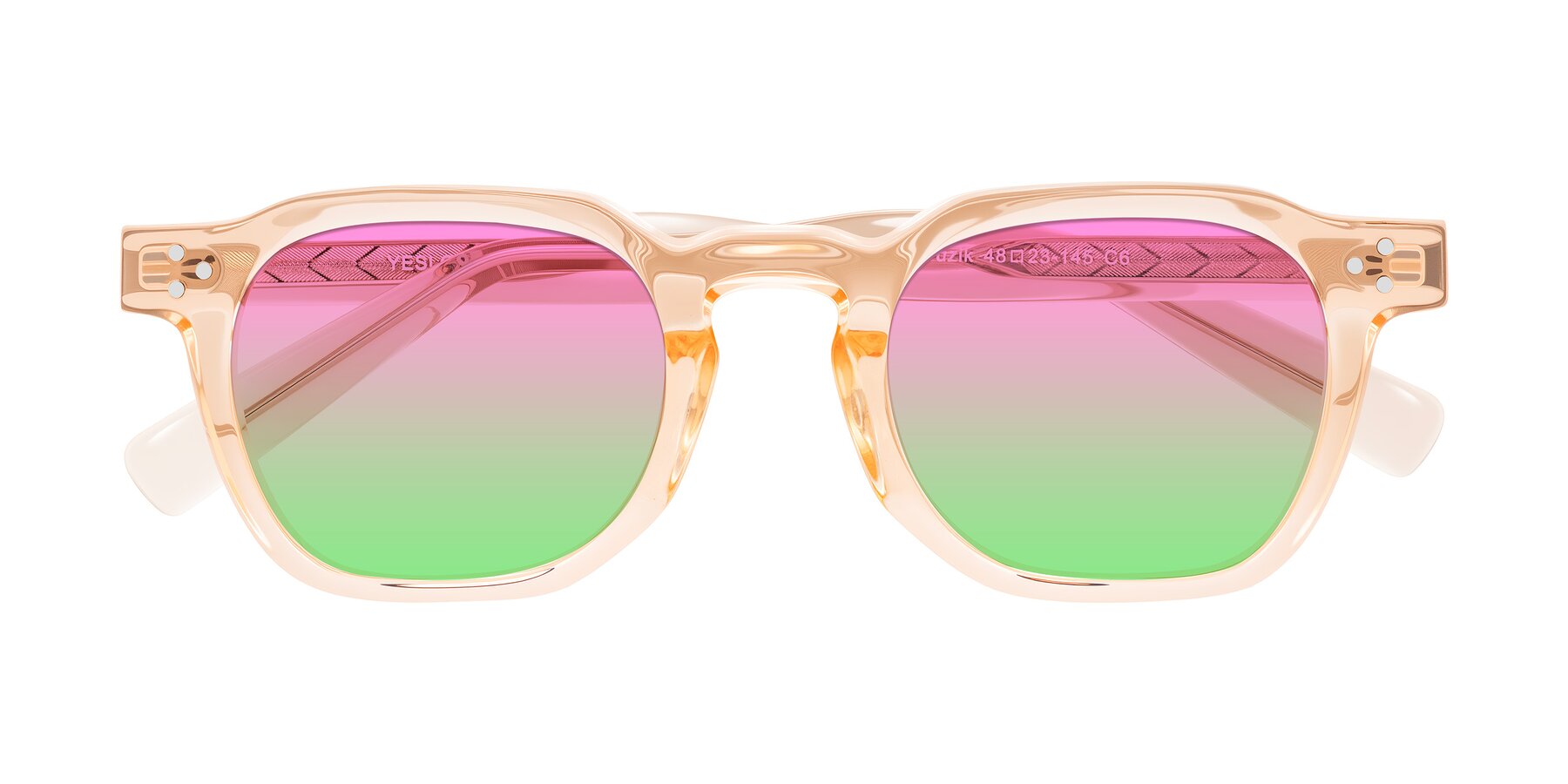 Folded Front of Muzik in Coral to Vermilion Shift with Pink / Green Gradient Lenses
