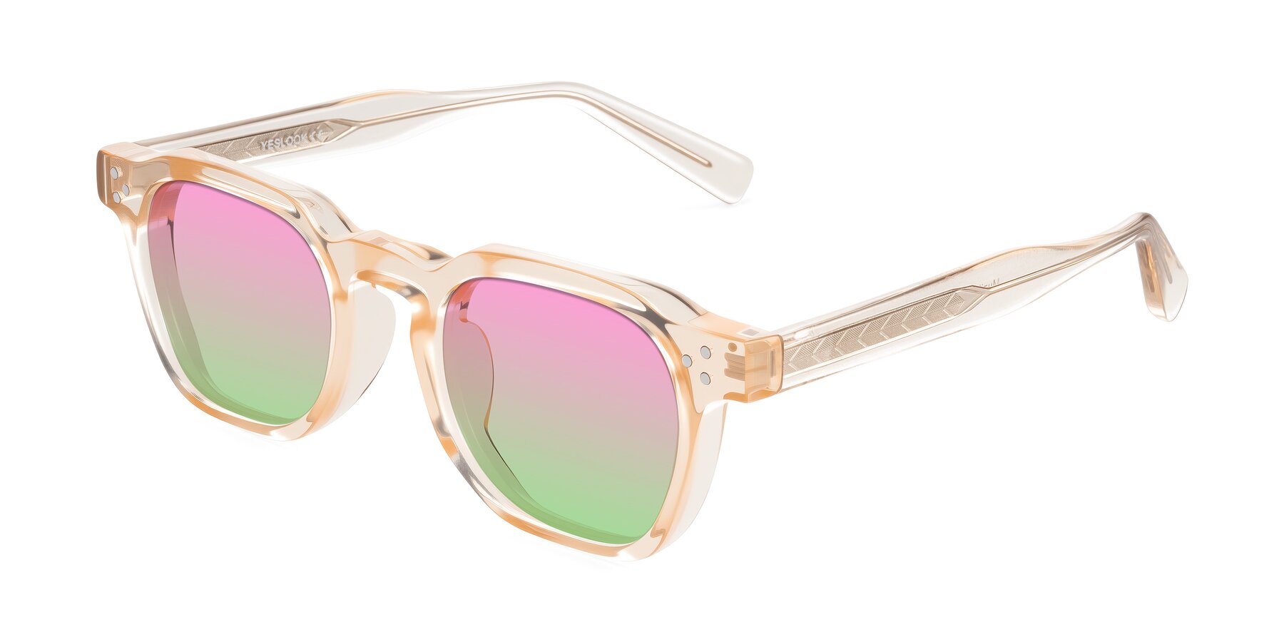 Angle of Muzik in Coral to Vermilion Shift with Pink / Green Gradient Lenses