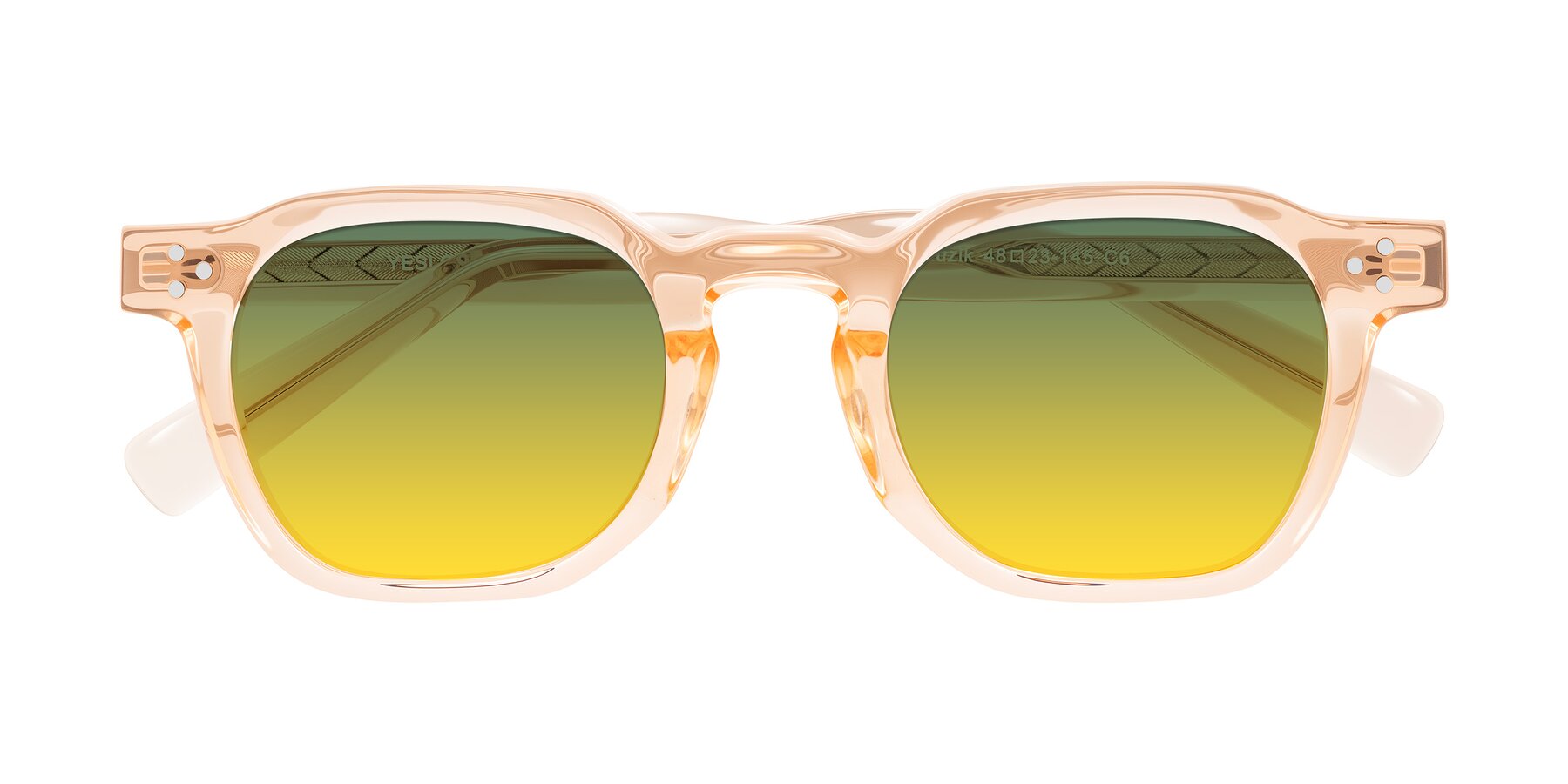 Folded Front of Muzik in Coral to Vermilion Shift with Green / Yellow Gradient Lenses