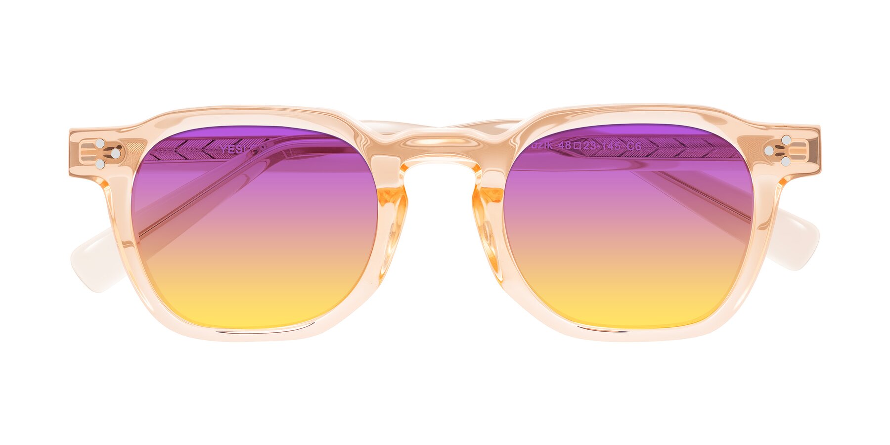 Folded Front of Muzik in Coral to Vermilion Shift with Purple / Yellow Gradient Lenses