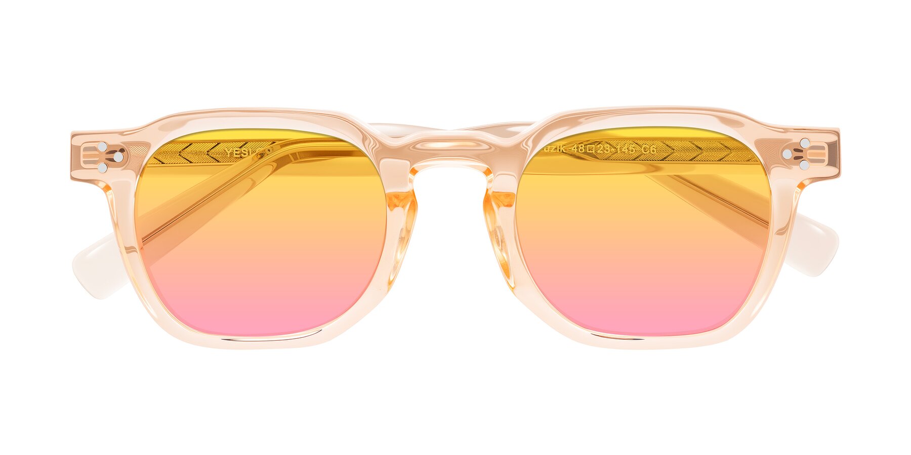 Folded Front of Muzik in Coral to Vermilion Shift with Yellow / Pink Gradient Lenses