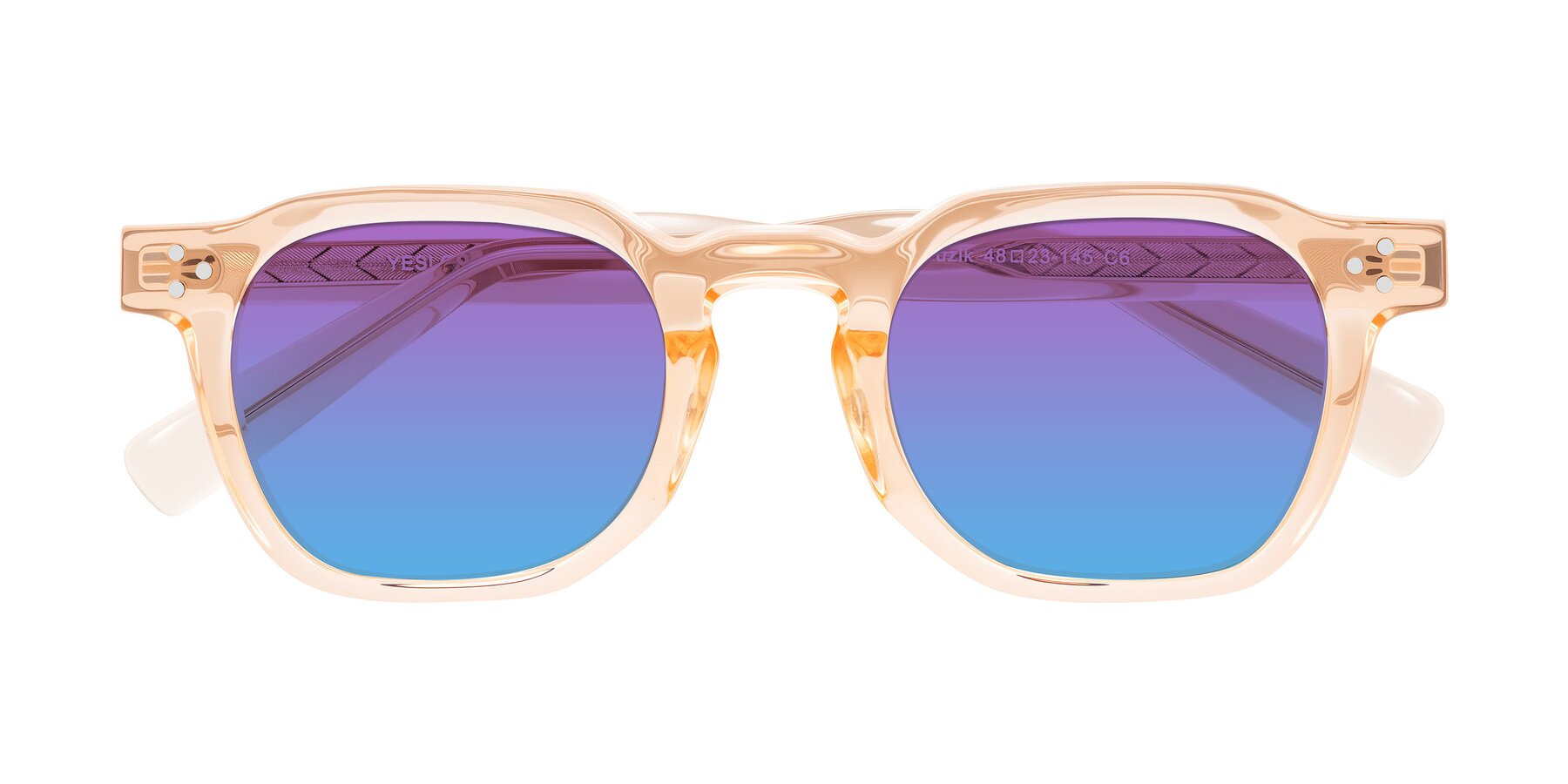 Folded Front of Muzik in Coral to Vermilion Shift with Purple / Blue Gradient Lenses