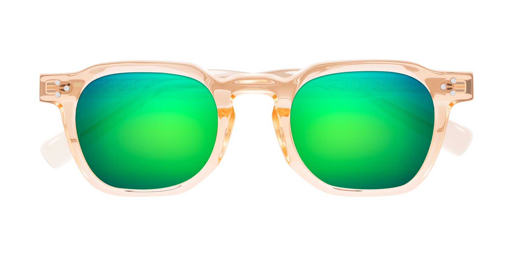 Folded Front of Muzik in Coral to Vermilion Shift with Green Mirrored Lenses