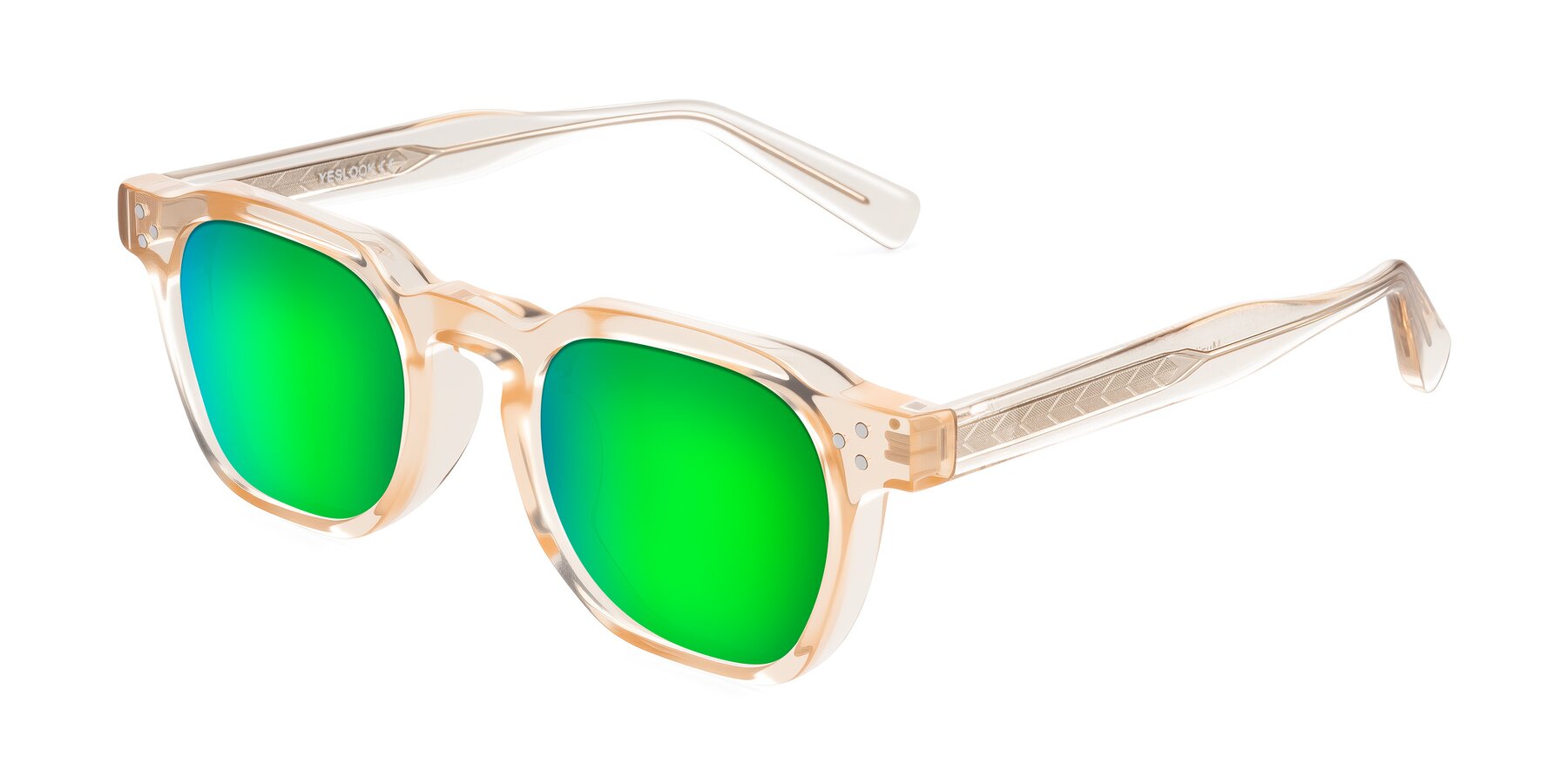 Angle of Muzik in Coral to Vermilion Shift with Green Mirrored Lenses