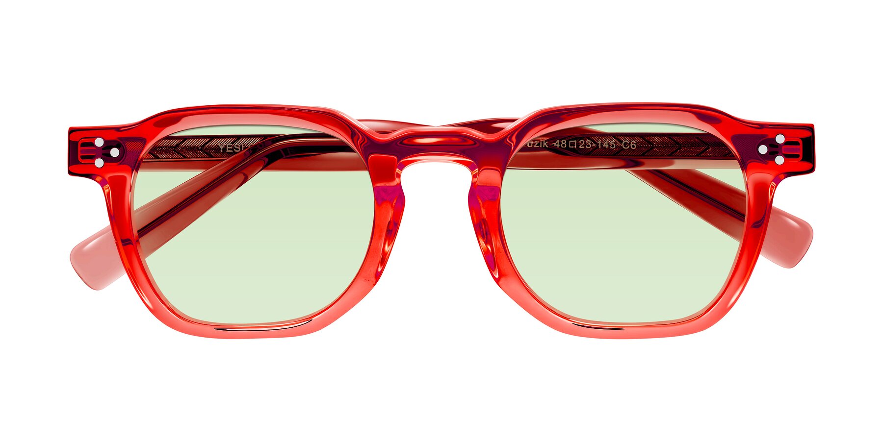 Folded Front of Muzik in Coral to Vermilion Shift with Light Green Tinted Lenses