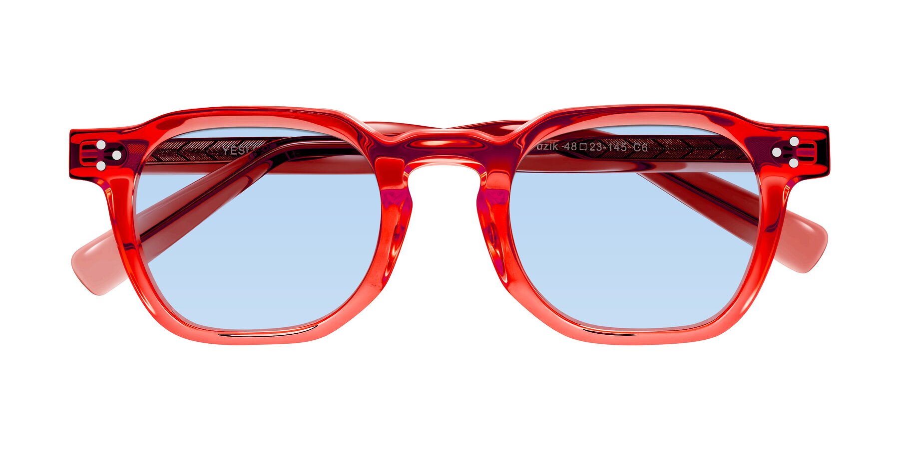 Folded Front of Muzik in Coral to Vermilion Shift with Light Blue Tinted Lenses