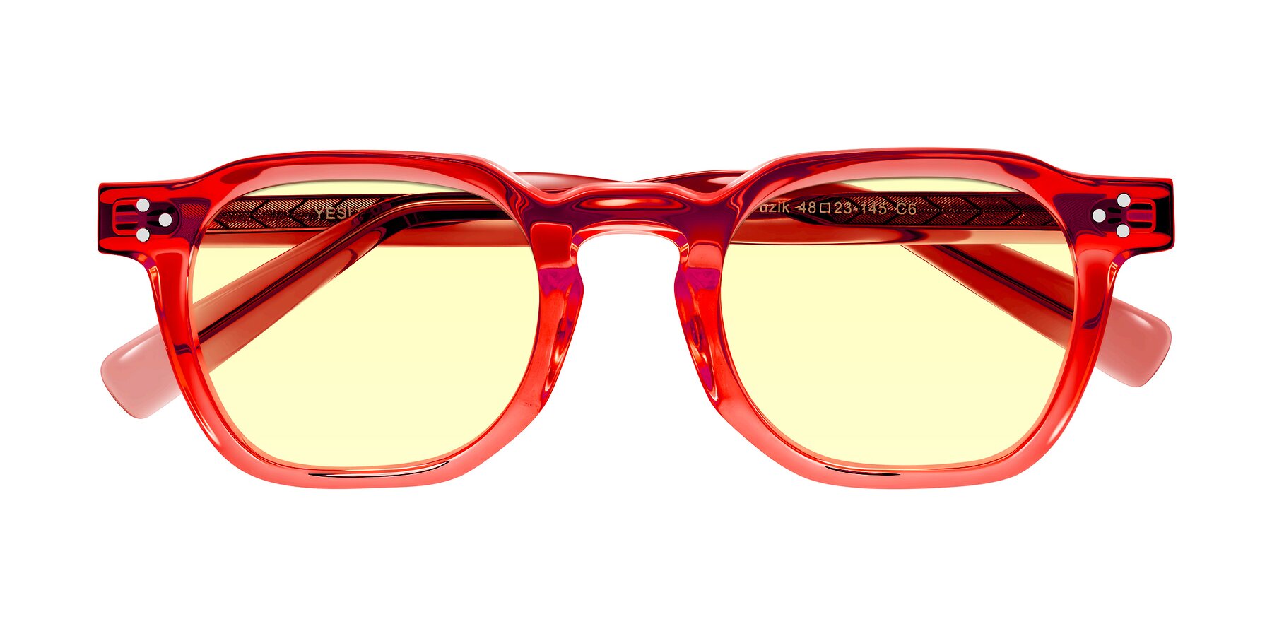 Folded Front of Muzik in Coral to Vermilion Shift with Light Yellow Tinted Lenses