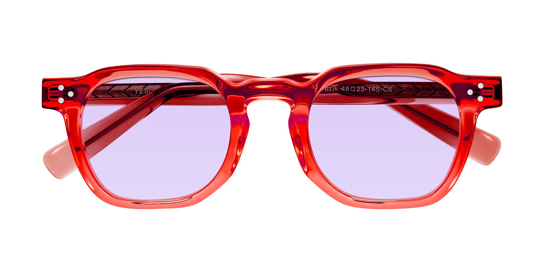 Folded Front of Muzik in Coral to Vermilion Shift with Light Purple Tinted Lenses