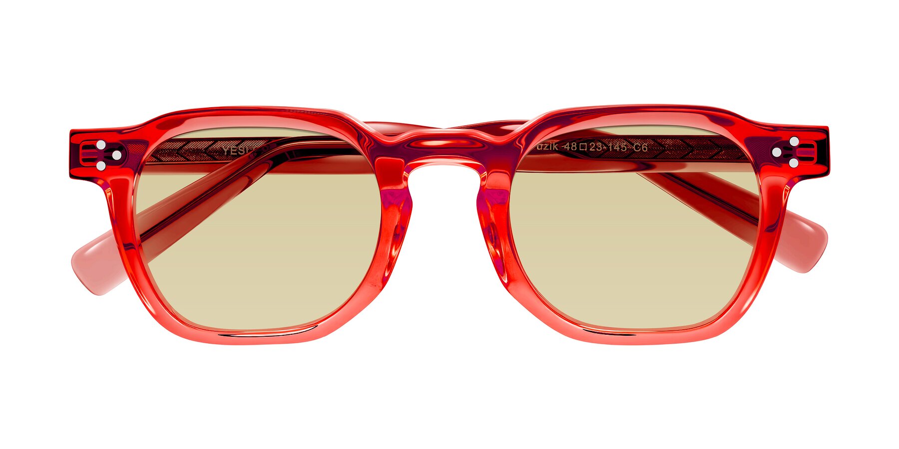 Folded Front of Muzik in Coral to Vermilion Shift with Light Champagne Tinted Lenses