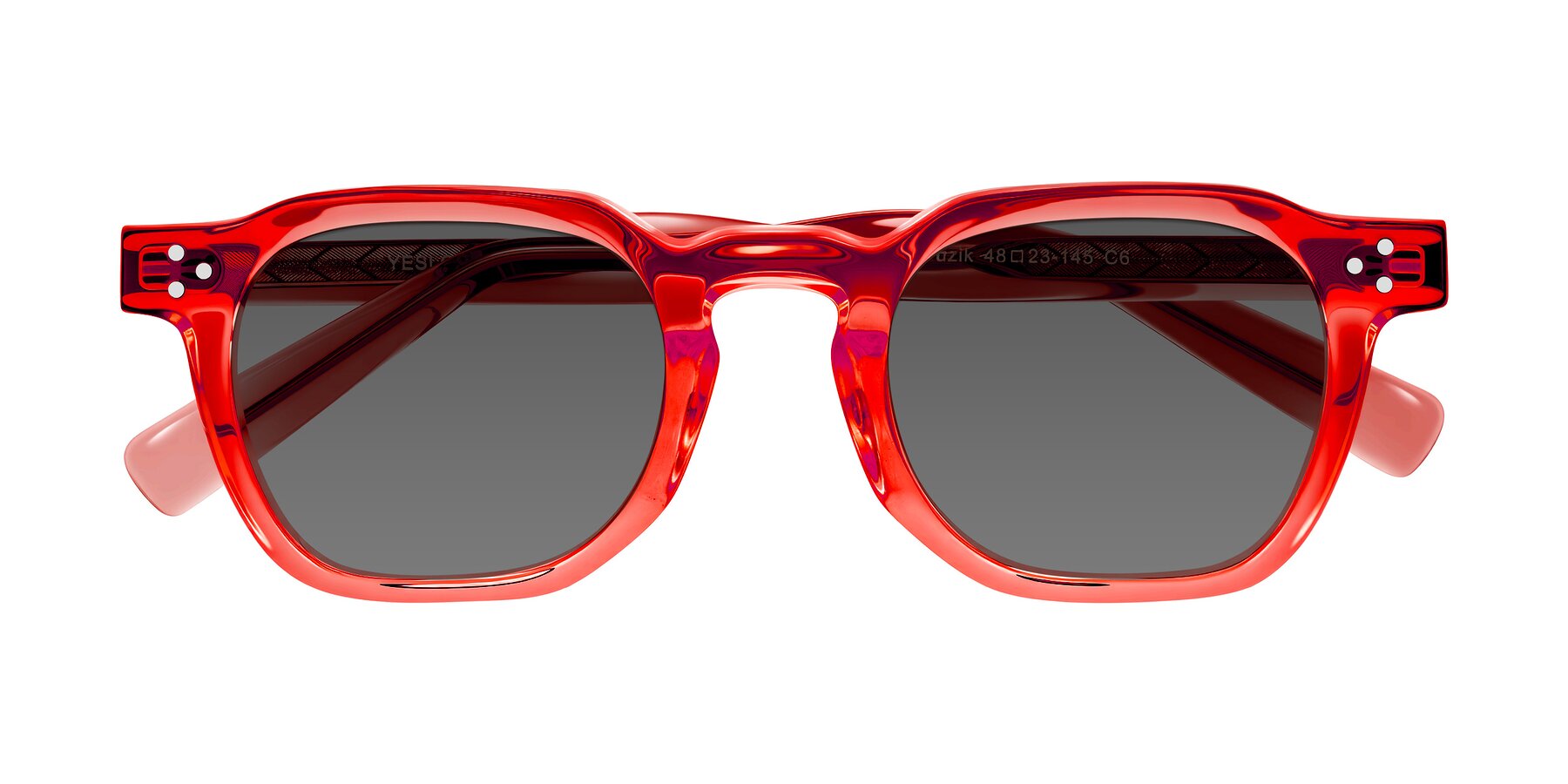 Folded Front of Muzik in Coral to Vermilion Shift with Medium Gray Tinted Lenses