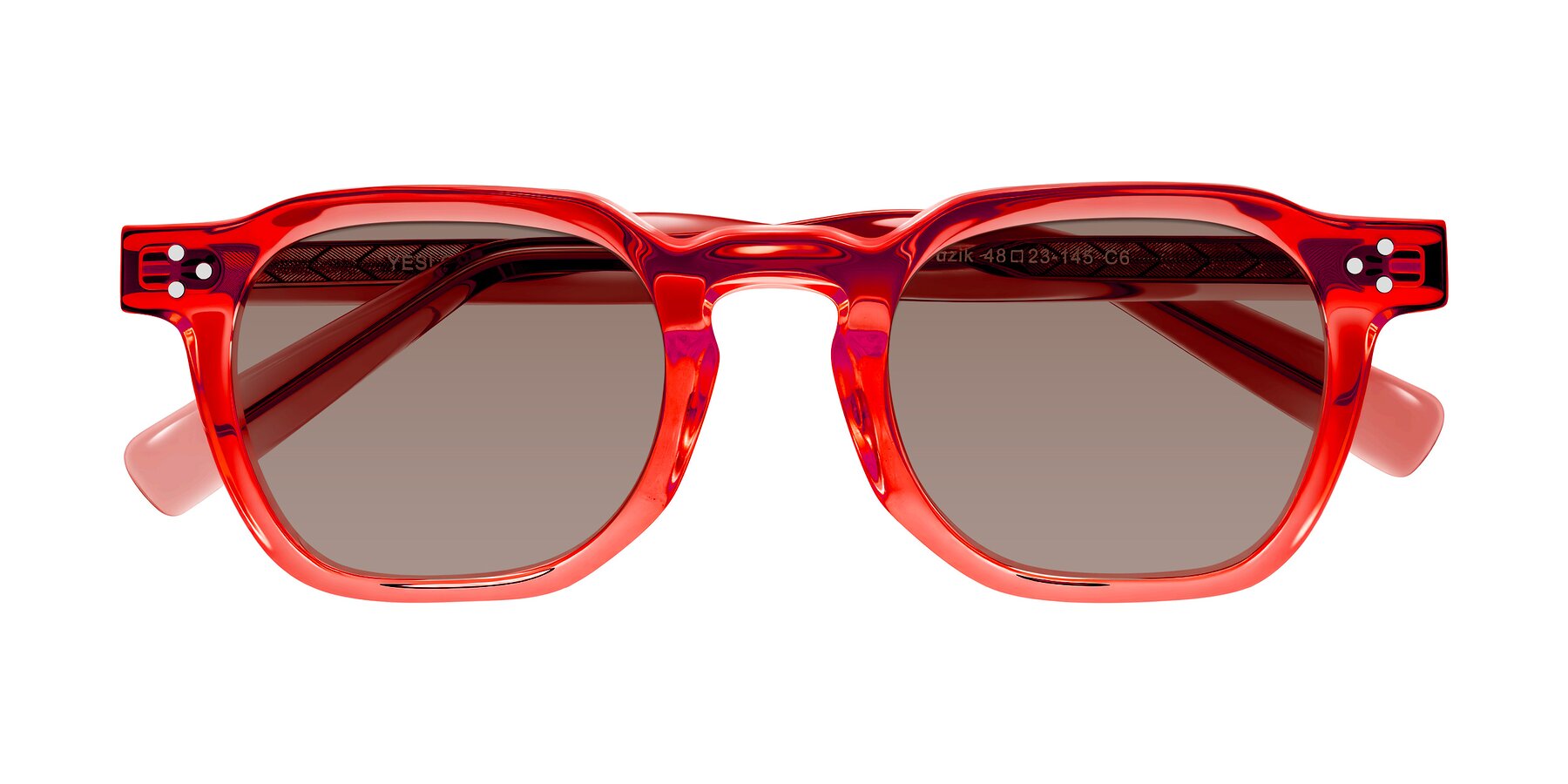 Folded Front of Muzik in Coral to Vermilion Shift with Medium Brown Tinted Lenses