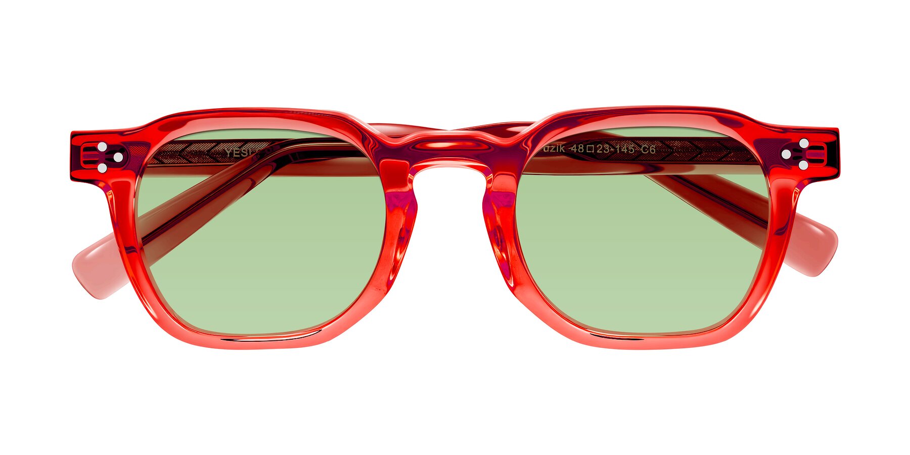Folded Front of Muzik in Coral to Vermilion Shift with Medium Green Tinted Lenses