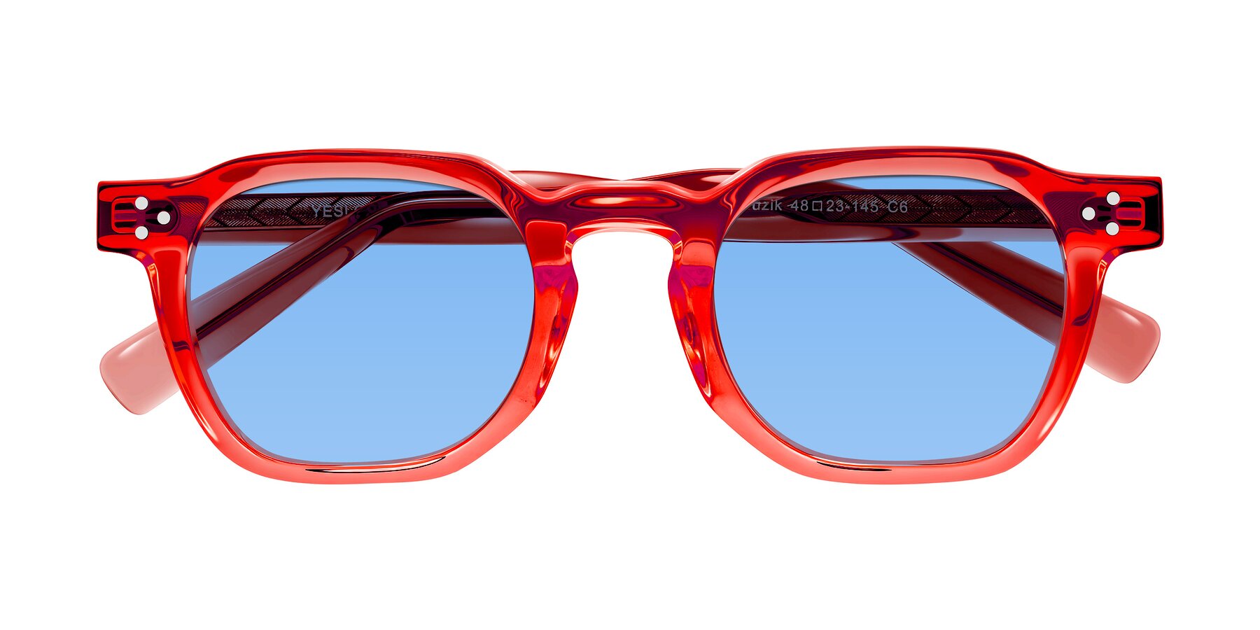 Folded Front of Muzik in Coral to Vermilion Shift with Medium Blue Tinted Lenses