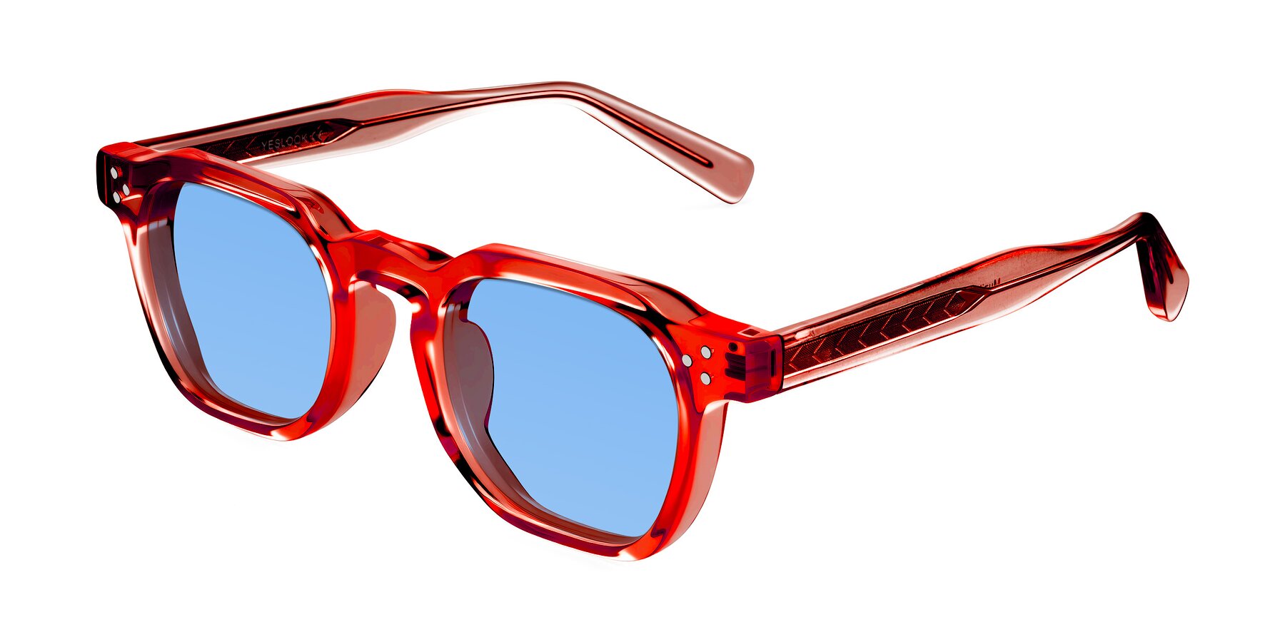 Angle of Muzik in Coral to Vermilion Shift with Medium Blue Tinted Lenses