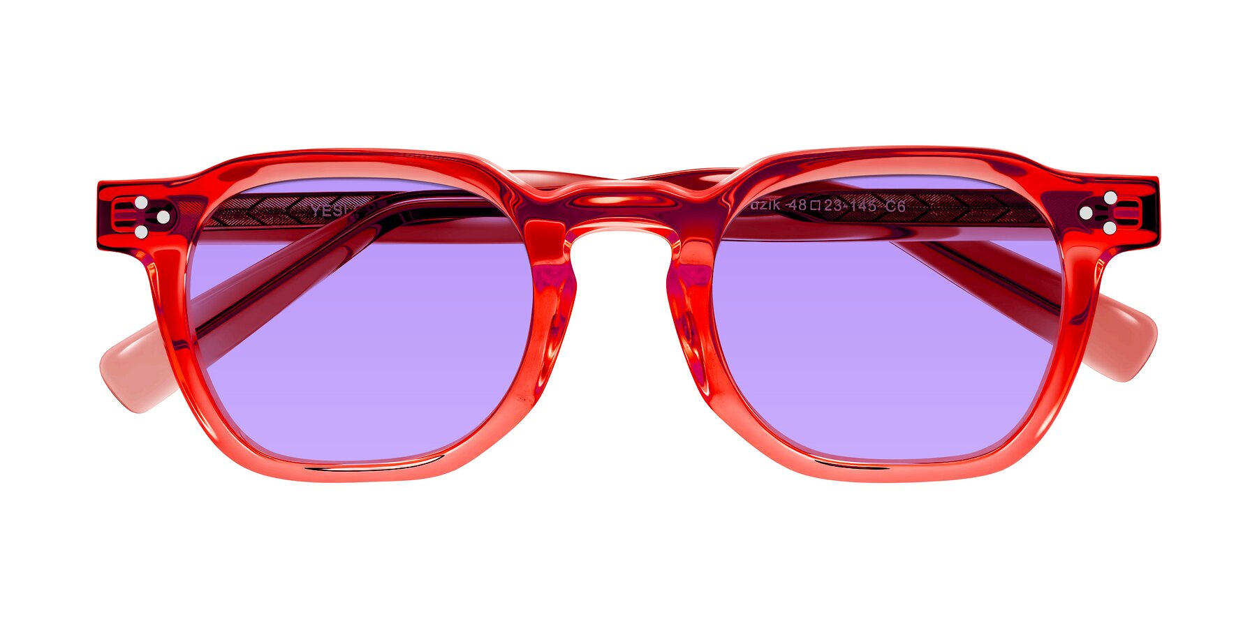 Folded Front of Muzik in Coral to Vermilion Shift with Medium Purple Tinted Lenses