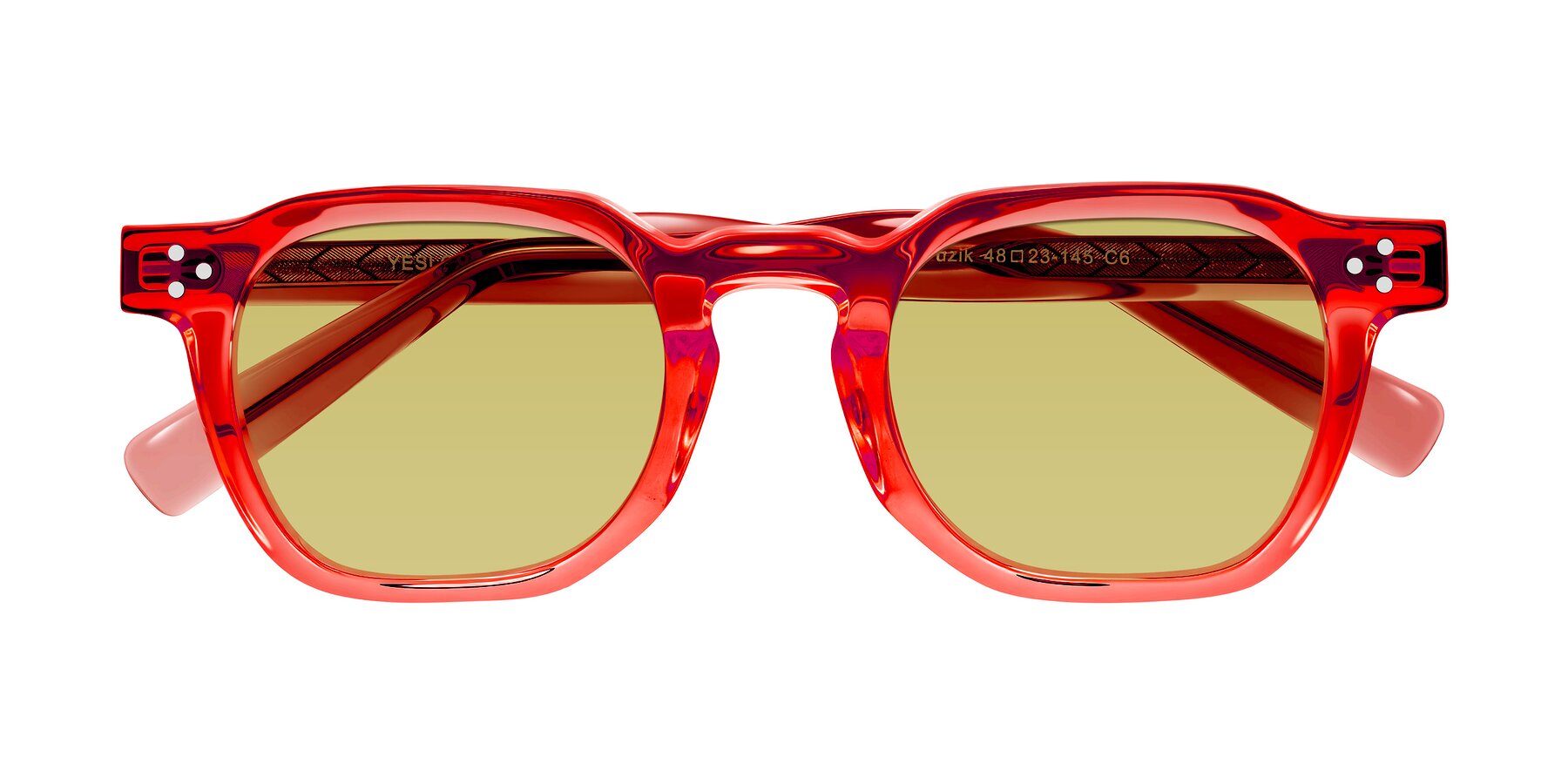 Folded Front of Muzik in Coral to Vermilion Shift with Medium Champagne Tinted Lenses