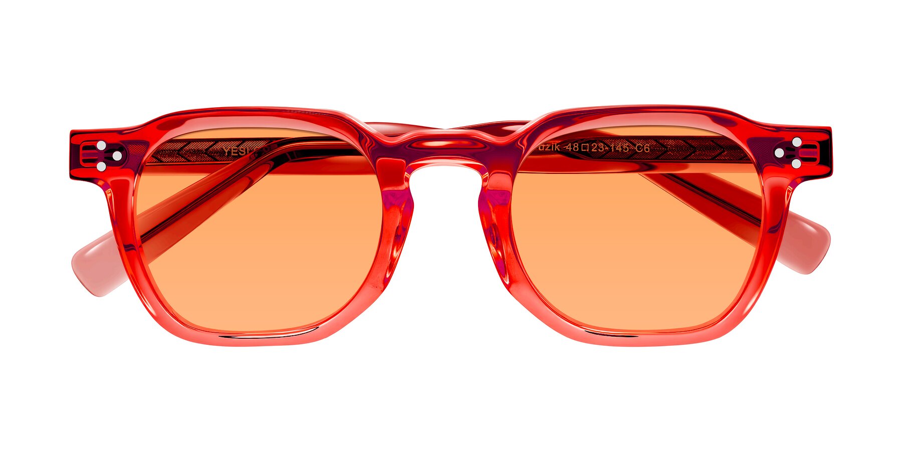 Folded Front of Muzik in Coral to Vermilion Shift with Medium Orange Tinted Lenses
