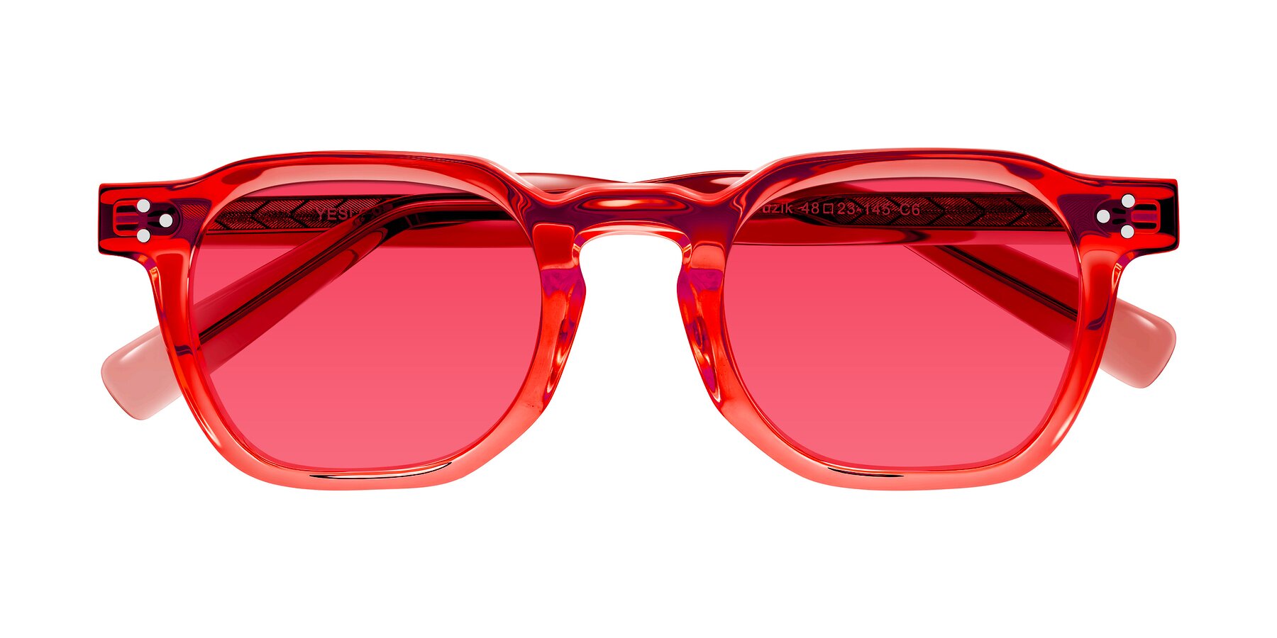 Folded Front of Muzik in Coral to Vermilion Shift with Red Tinted Lenses